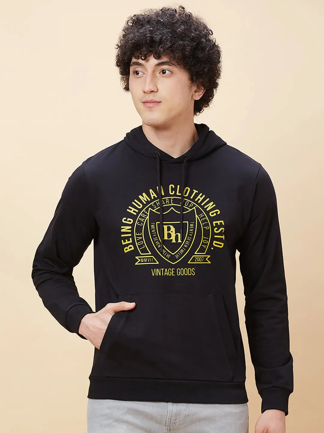 Black Regular Fit  Long Sleeves Men's Hoodie by Being Human Clothing - Image 6