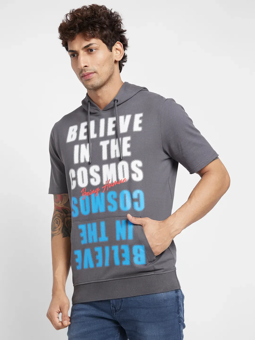 Grey Regular Fit Round Neck Men's Hoodie by Being Human Clothing - Image 3