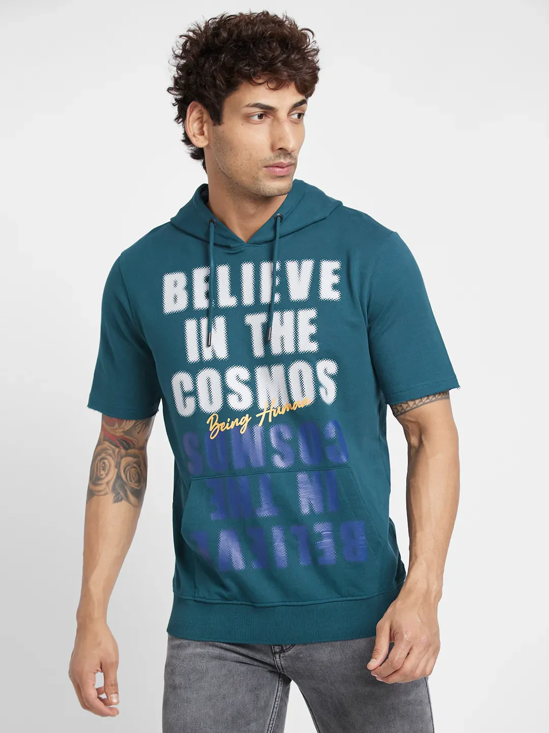 Teal Regular Fit Round Neck Men's Hoodie by Being Human Clothing