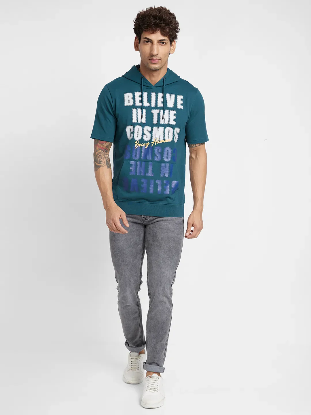 Teal Regular Fit Round Neck Men's Hoodie by Being Human Clothing - Image 2