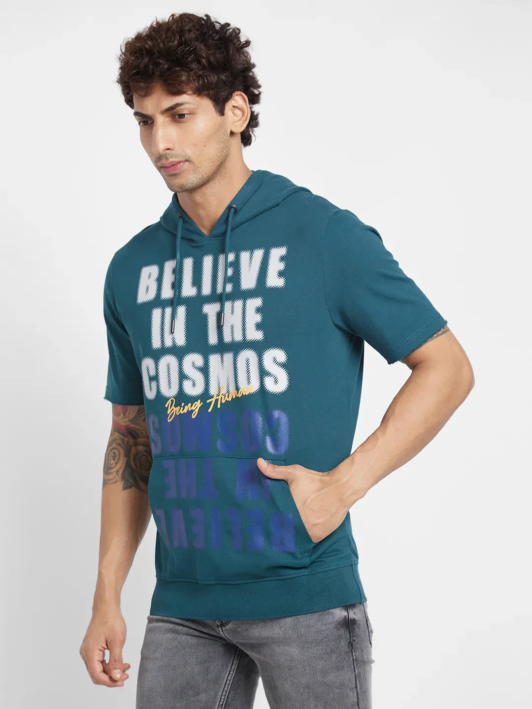 Teal Regular Fit Round Neck Men's Hoodie by Being Human Clothing - Image 3