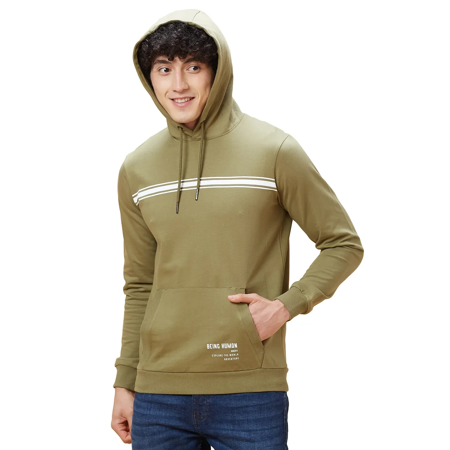 Olive Regular Fit  Long Sleeves Men's Hoodie by Being Human Clothing - Image 4