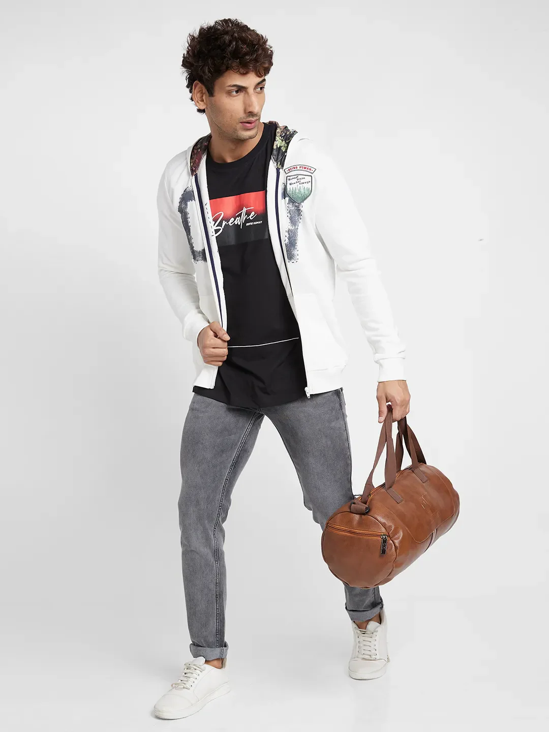 White Regular Fit Long Sleeves Men's Hoodie by Being Human Clothing - Image 4