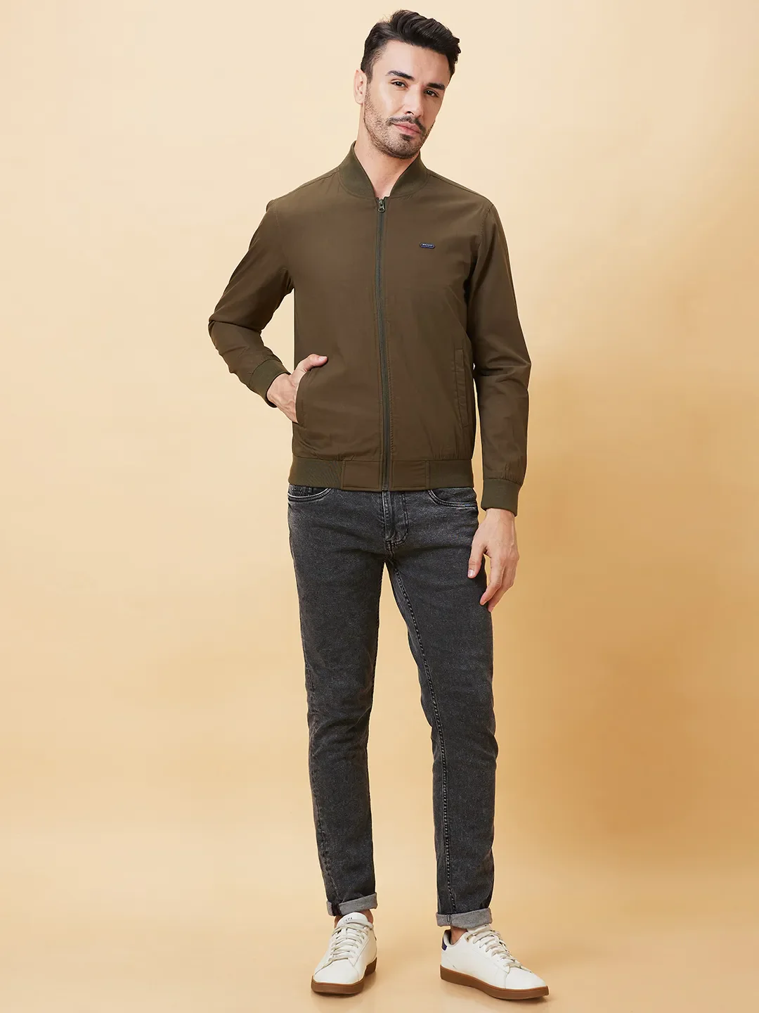 Olive Regular Fit Men's Jacket by Being Human Clothing - Image 2