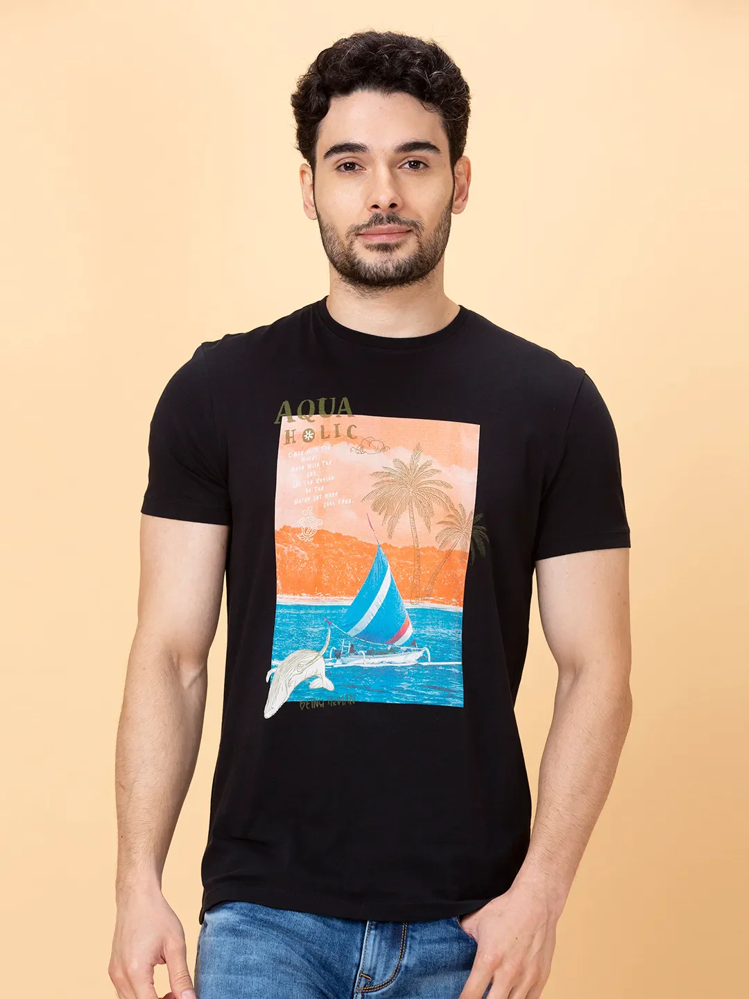 Black Regular Fit Men's Short Sleeves T-Shirt by Being Human Clothing