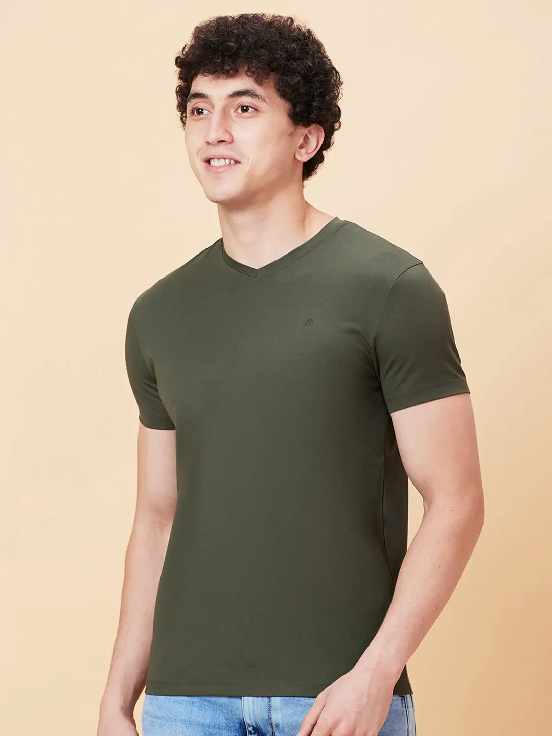 Dark Olive Regular Fit V Neck Men's T-Shirt by Being Human Clothing - Image 4