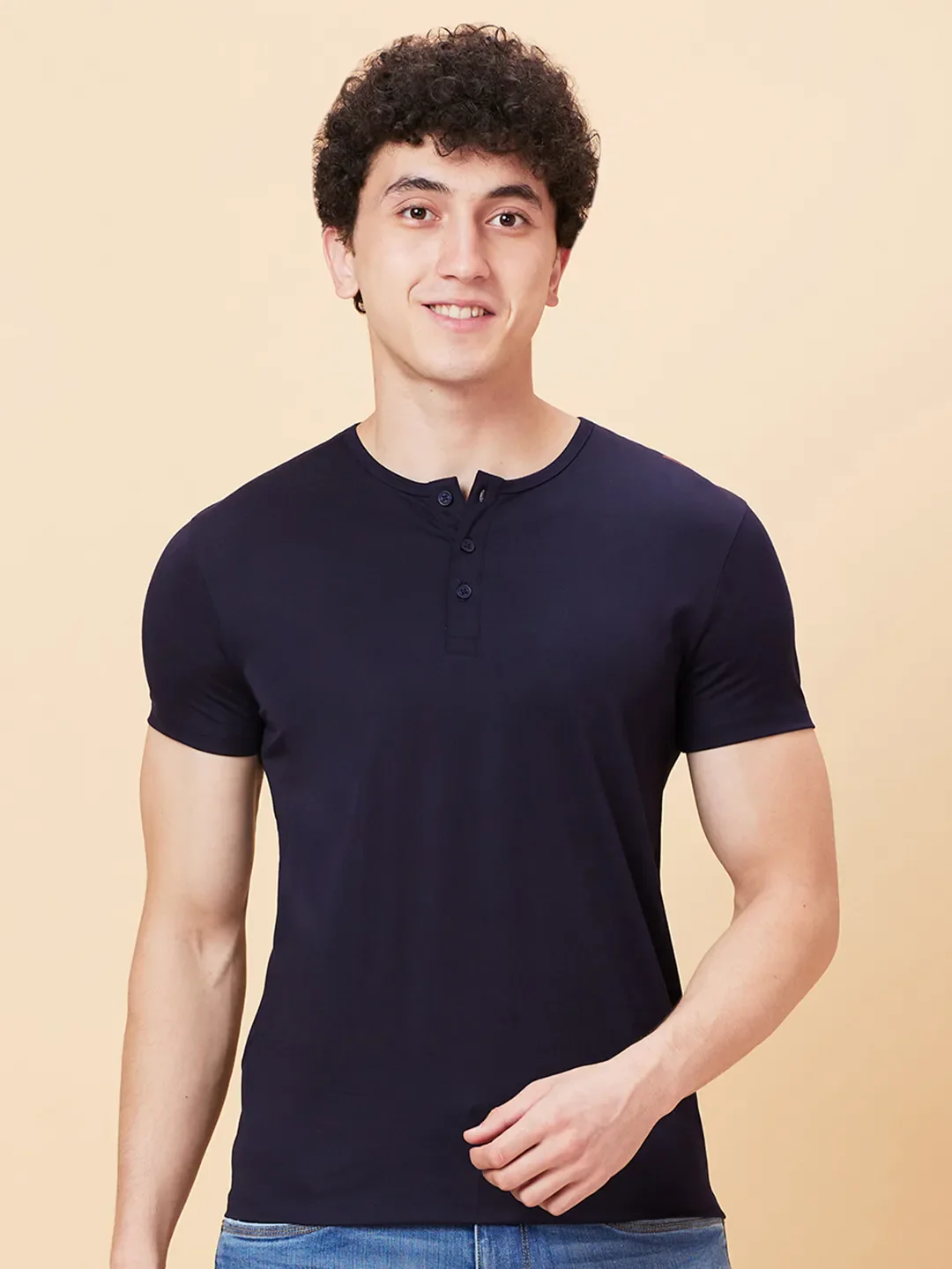 Navy Regular Fit Henley Neck Men's T-Shirt by Being Human Clothing