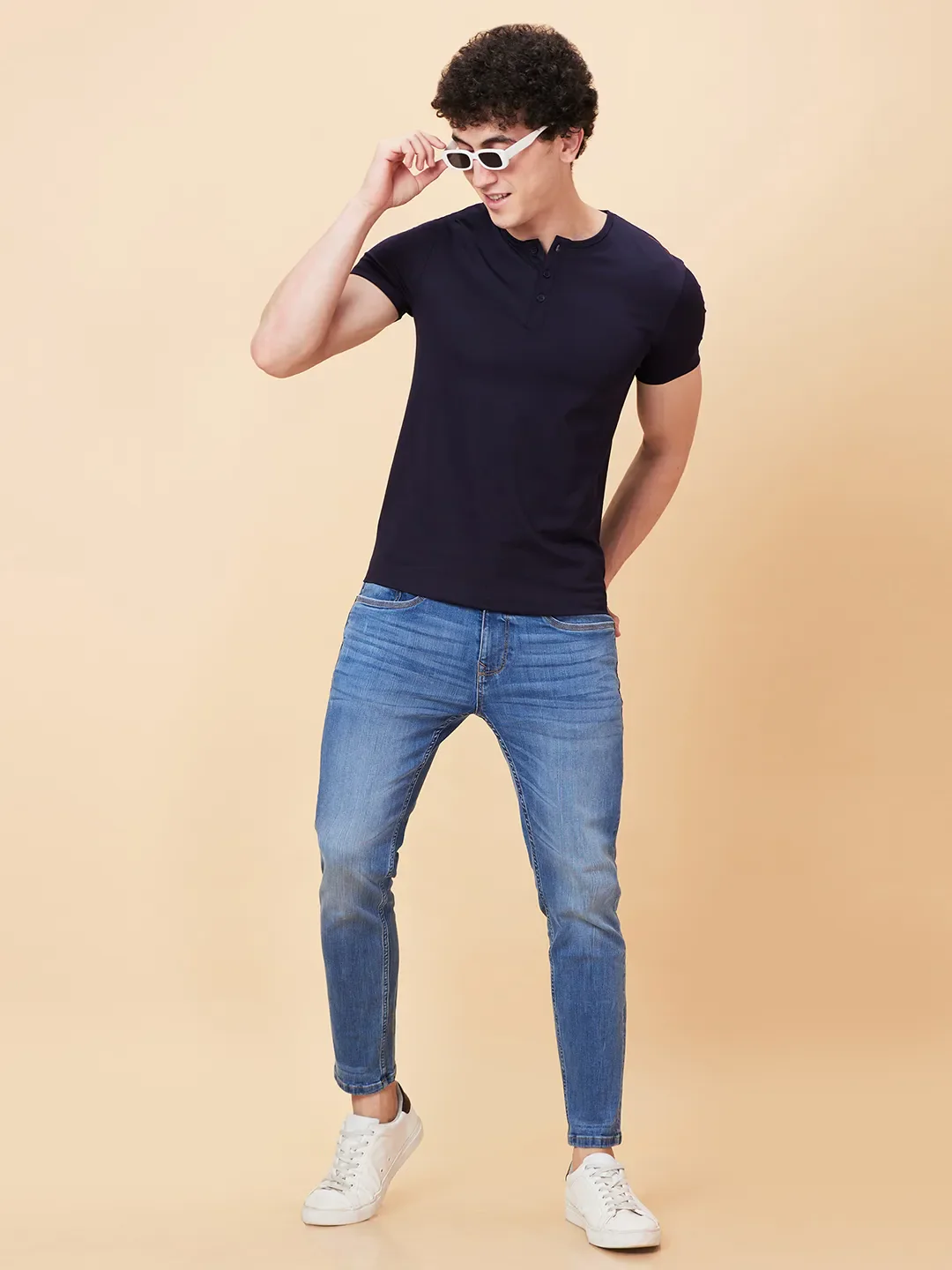 Navy Regular Fit Henley Neck Men's T-Shirt by Being Human Clothing - Image 6