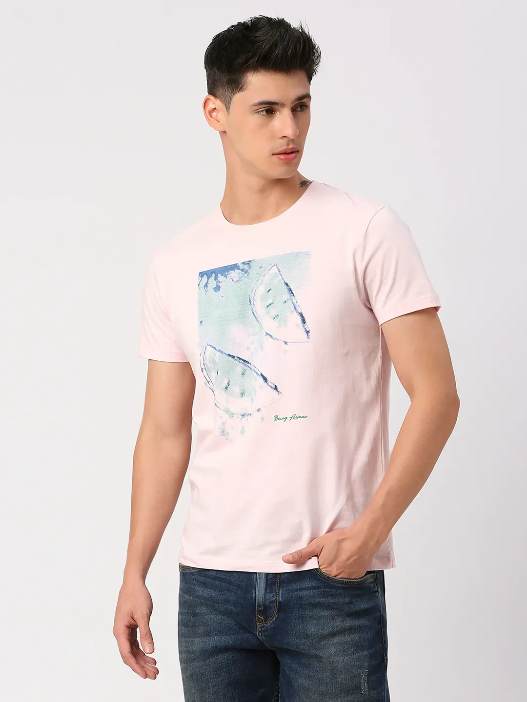 Powder Pink Regular Fit Round Neck Men's T-Shirt by Being Human Clothing - Image 11