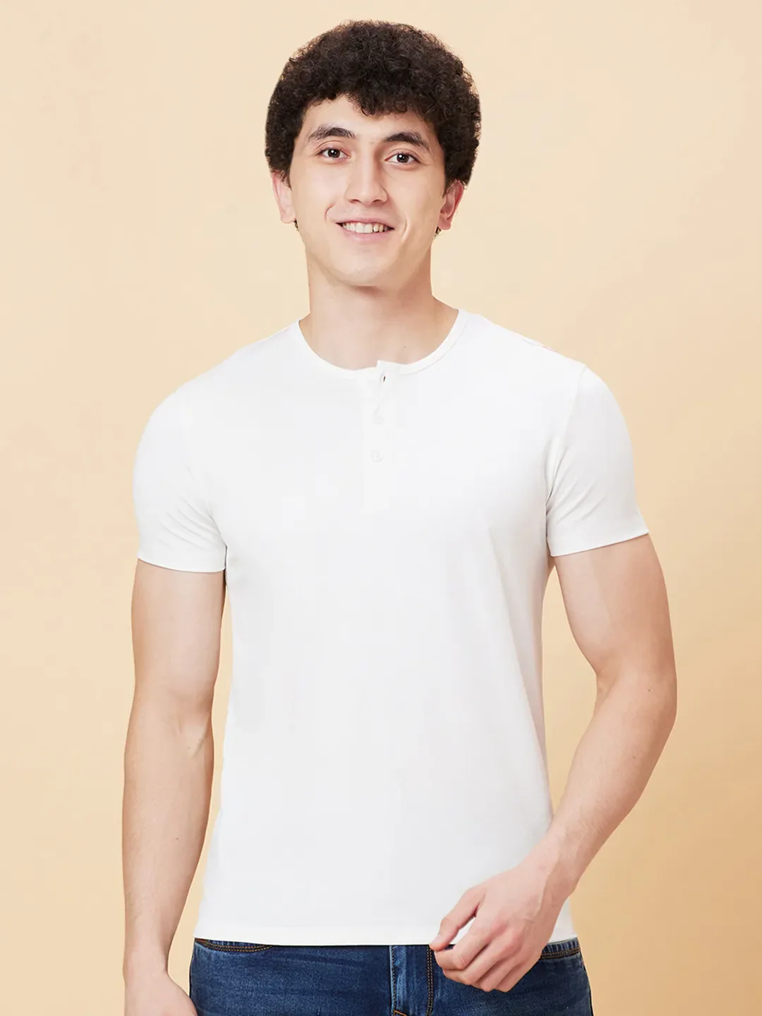 White Regular Fit Henley Neck Men's T-Shirt by Being Human Clothing