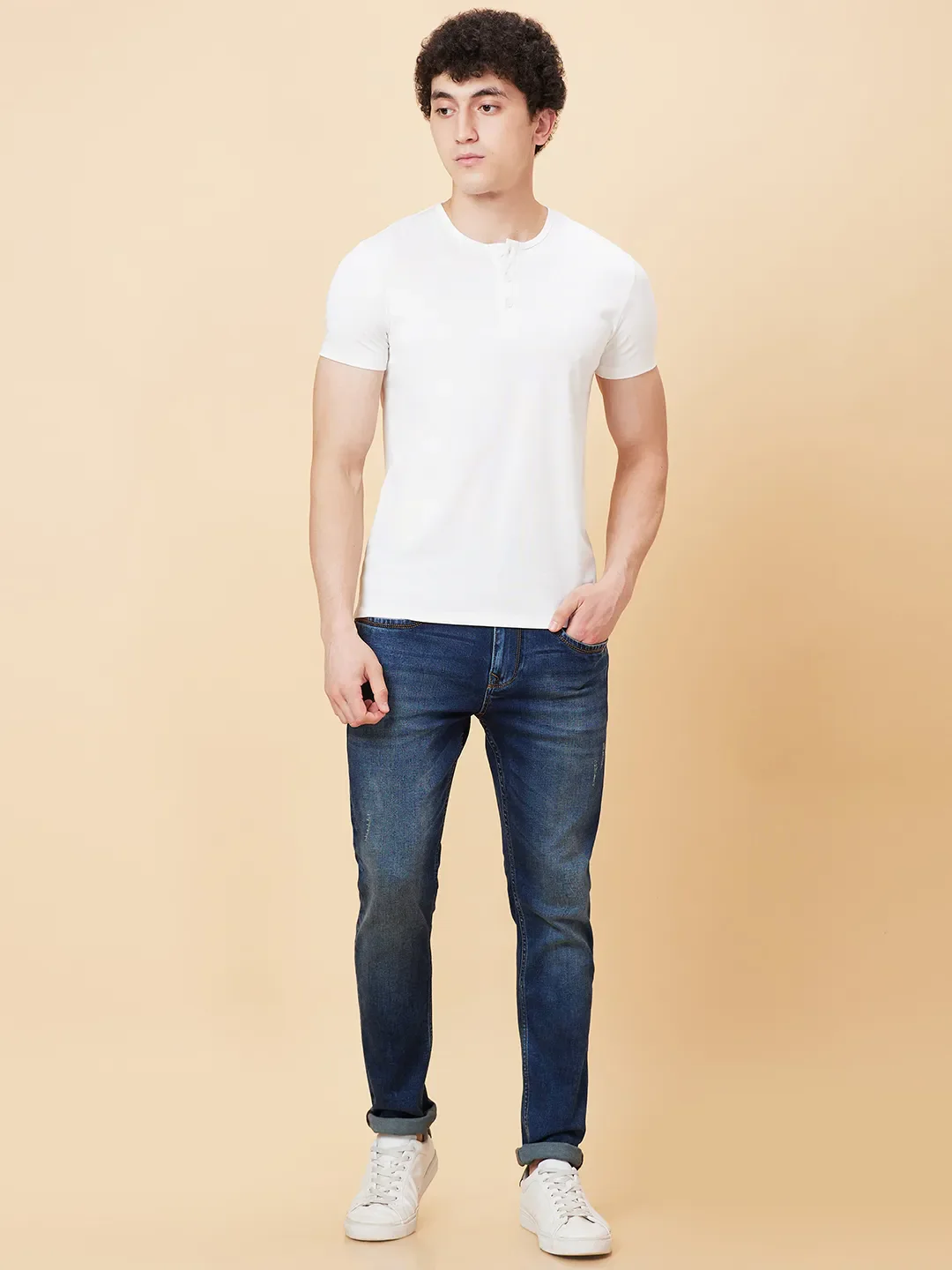 White Regular Fit Henley Neck Men's T-Shirt by Being Human Clothing - Image 2