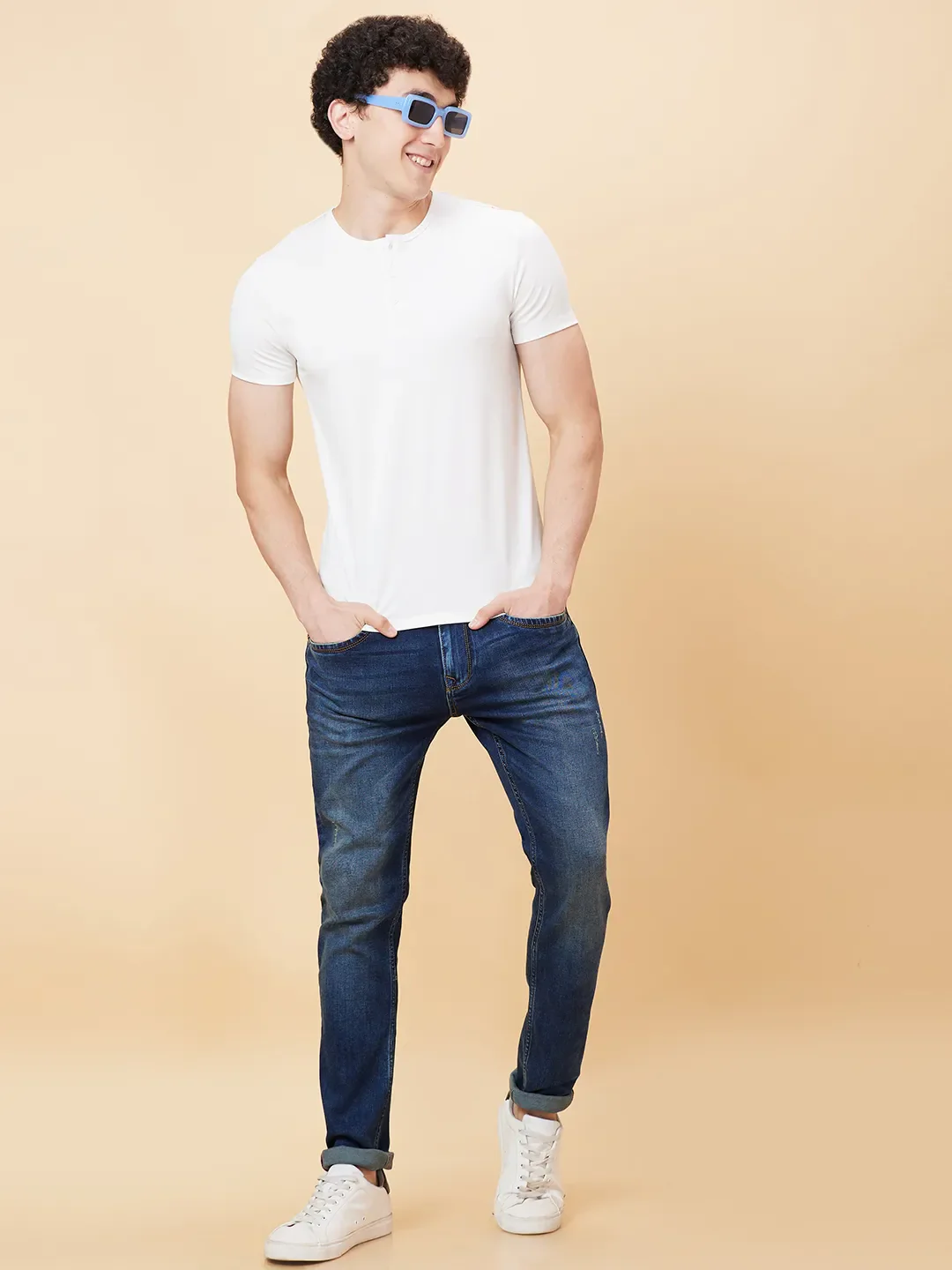 White Regular Fit Henley Neck Men's T-Shirt by Being Human Clothing - Image 6