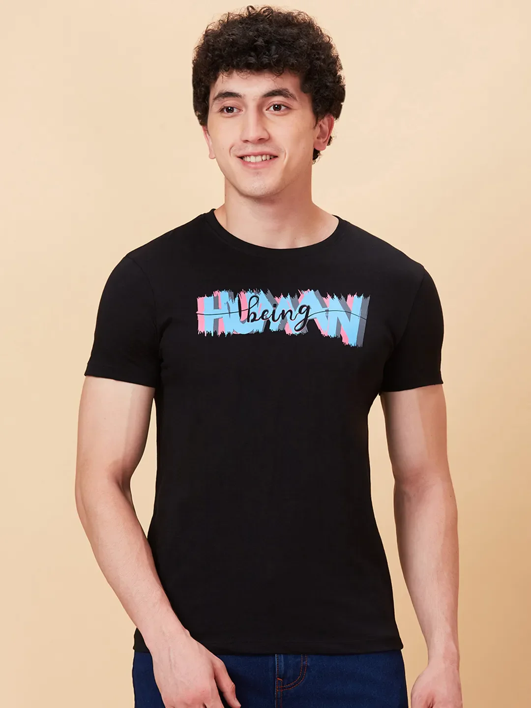 Black Regular Fit Round Neck Men's T-Shirt by Being Human Clothing