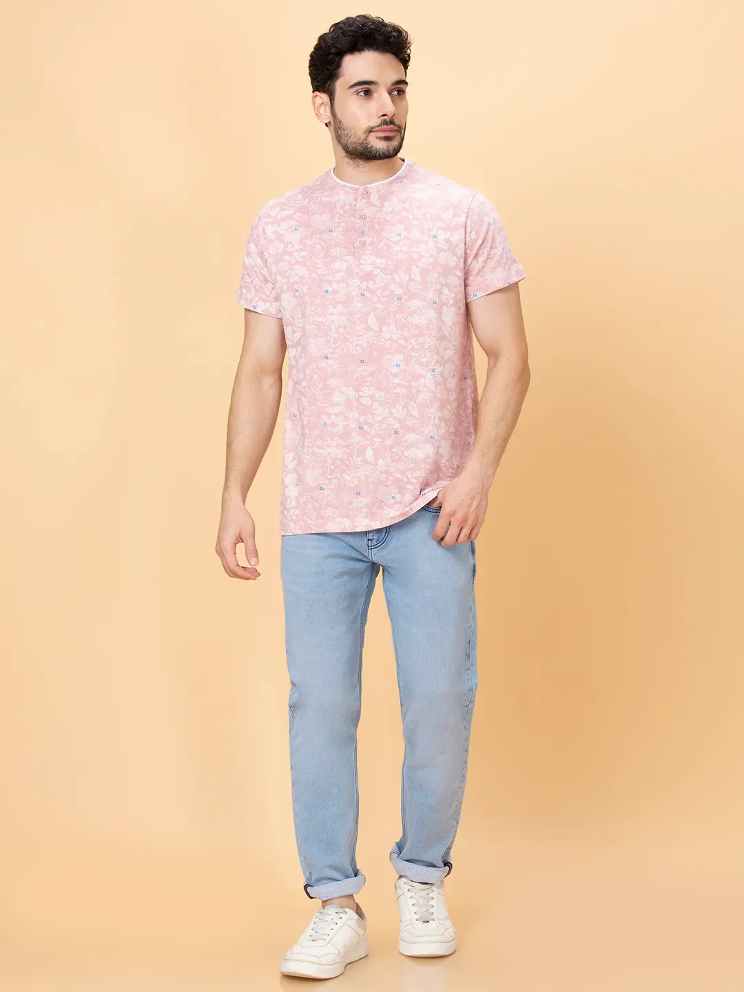 Dusty Pink Regular Fit Henley Neck Men's T-Shirt by Being Human Clothing - Image 2