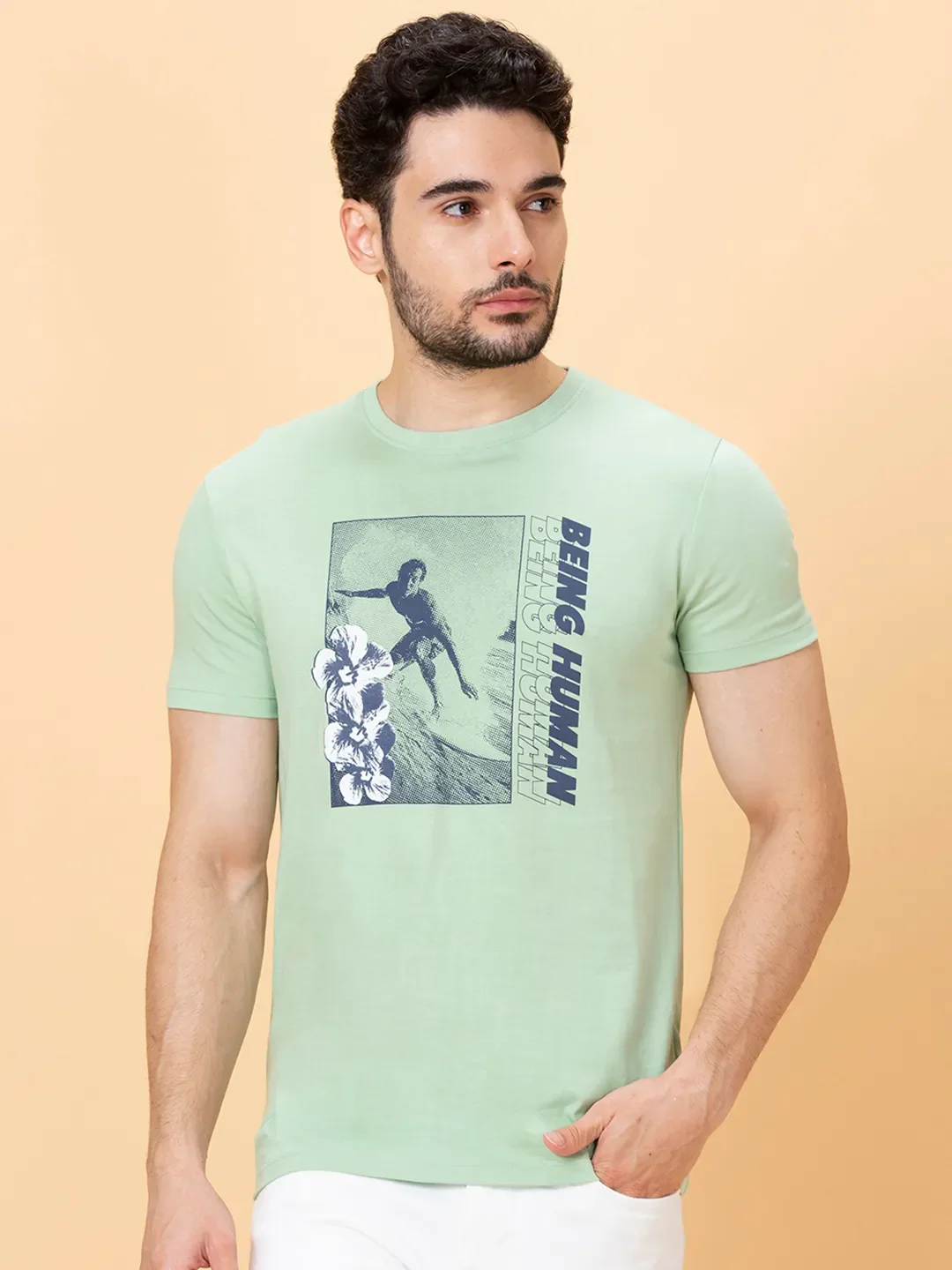 Green Foam Regular Fit Round Neck Men's T-Shirt by Being Human Clothing