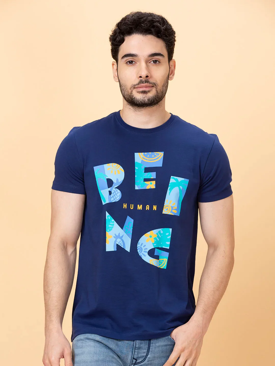 Navy Regular Fit Round Neck Men's T-Shirt by Being Human Clothing