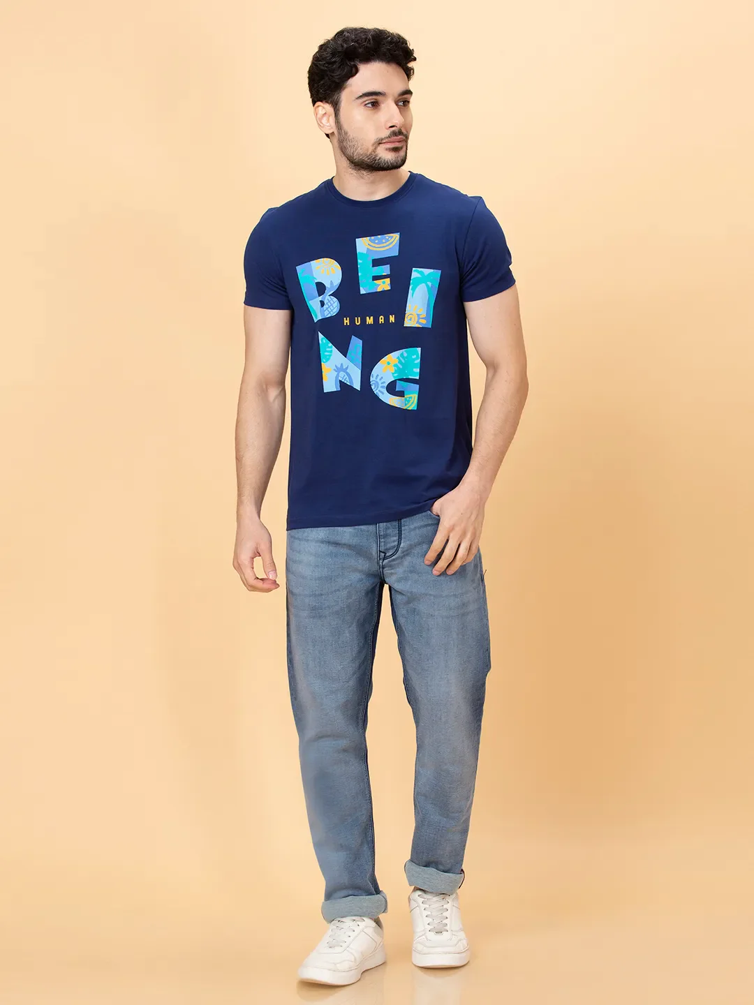 Navy Regular Fit Round Neck Men's T-Shirt by Being Human Clothing - Image 2