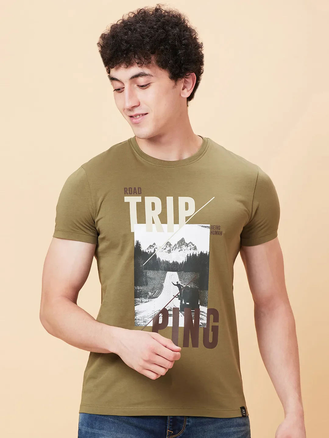 Olive Regular Fit Round Neck Men's T-Shirt by Being Human Clothing
