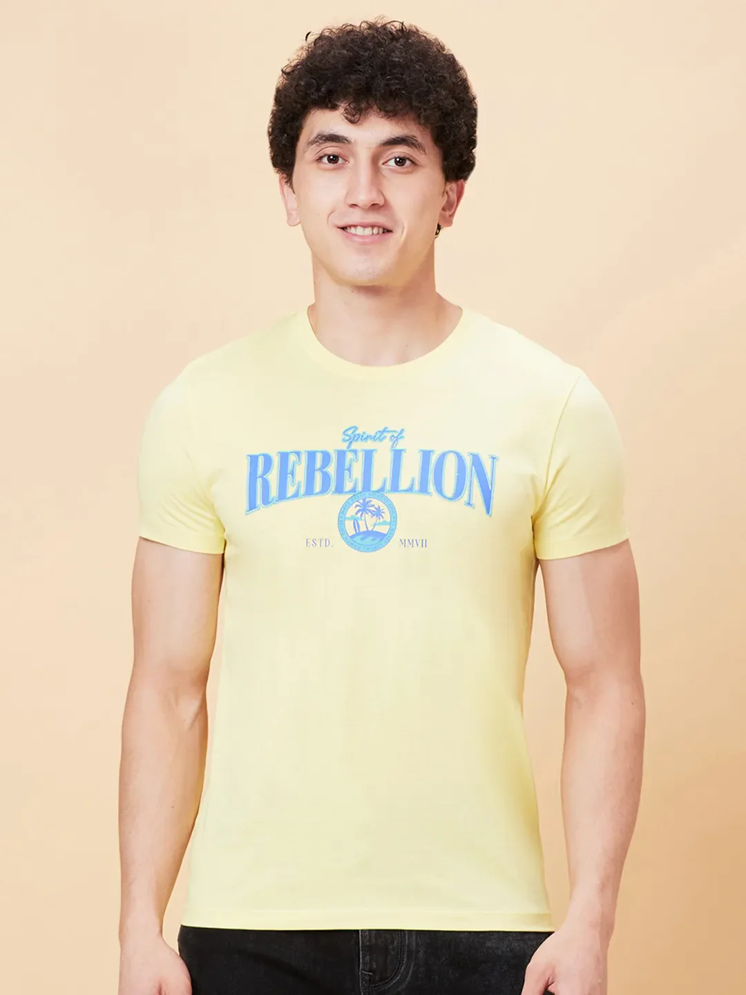 Pale Yellow Regular Fit Round Neck Men's T-Shirt by Being Human Clothing
