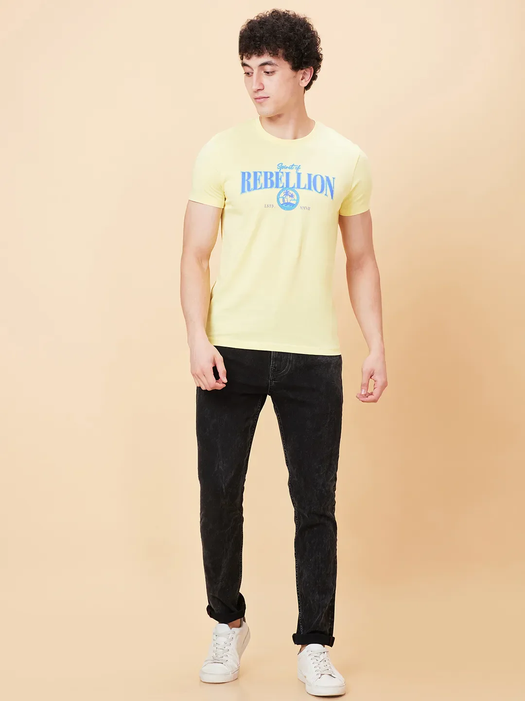 Pale Yellow Regular Fit Round Neck Men's T-Shirt by Being Human Clothing - Image 2