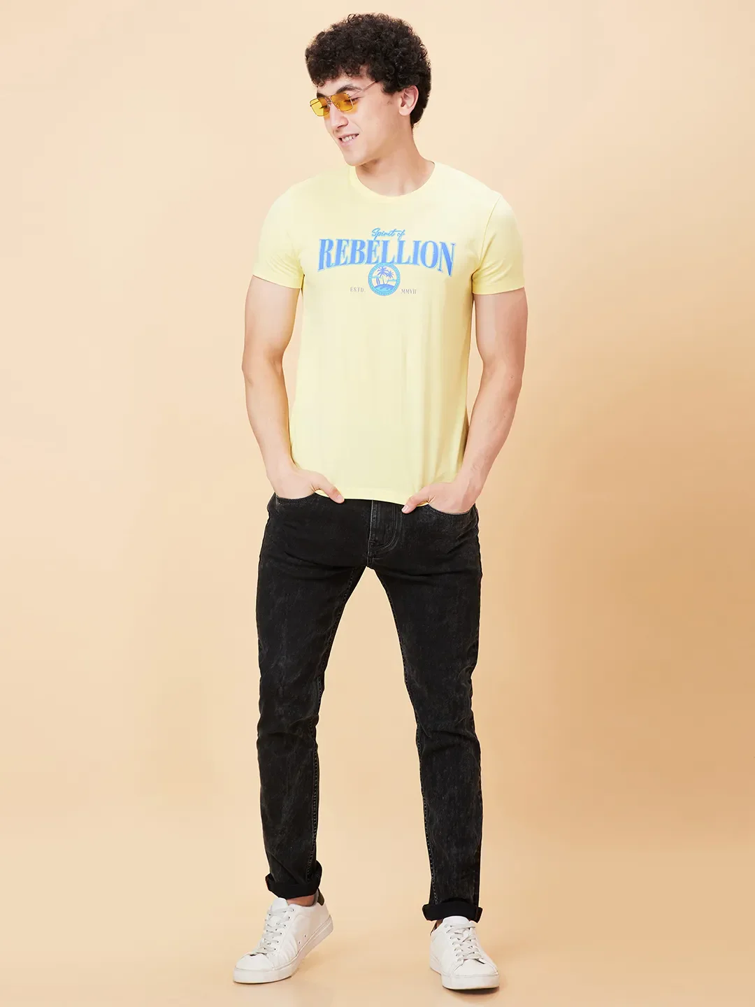 Pale Yellow Regular Fit Round Neck Men's T-Shirt by Being Human Clothing - Image 6