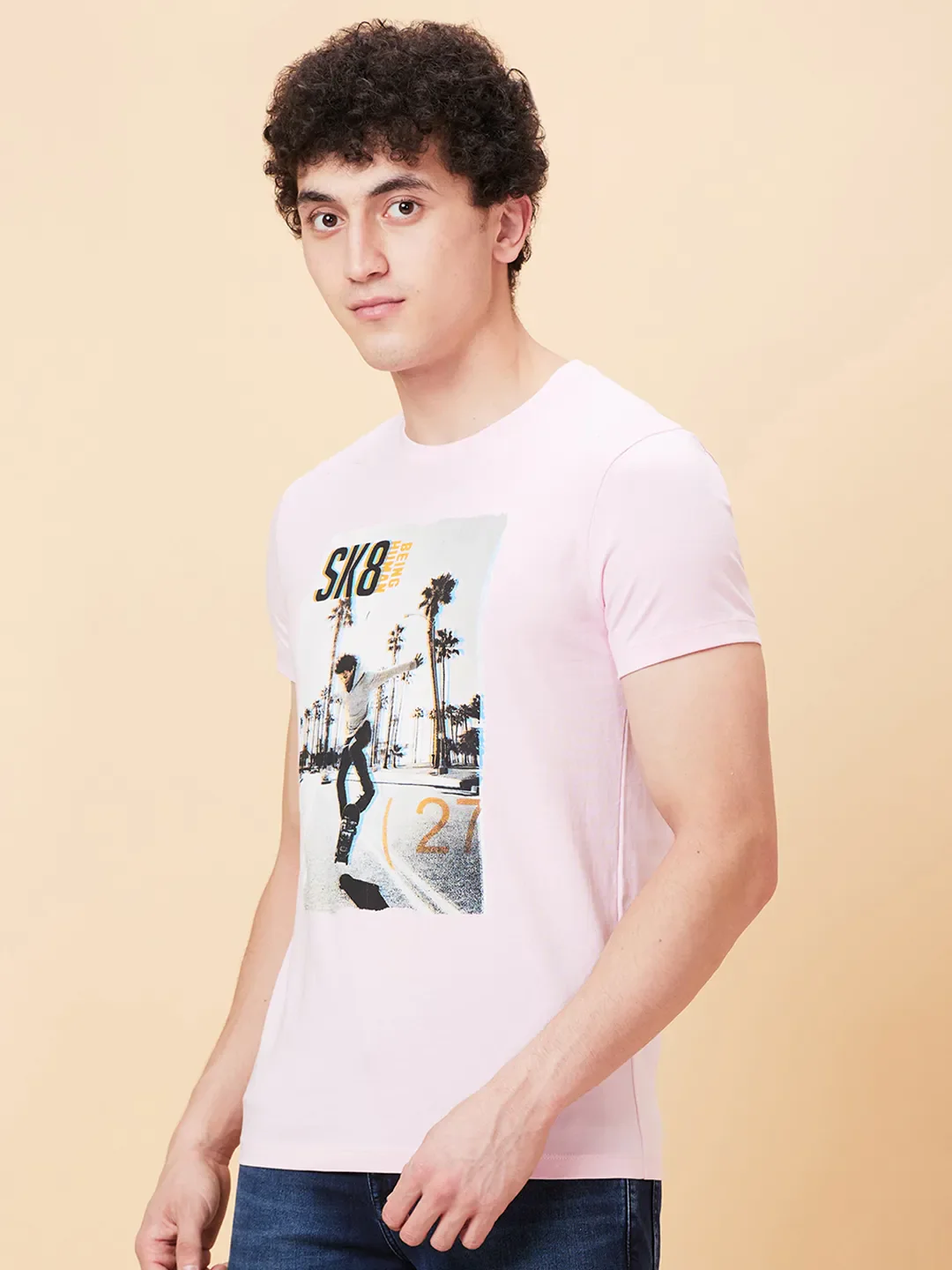 Powder Pink Regular Fit Round Neck Men's T-Shirt by Being Human Clothing - Image 4