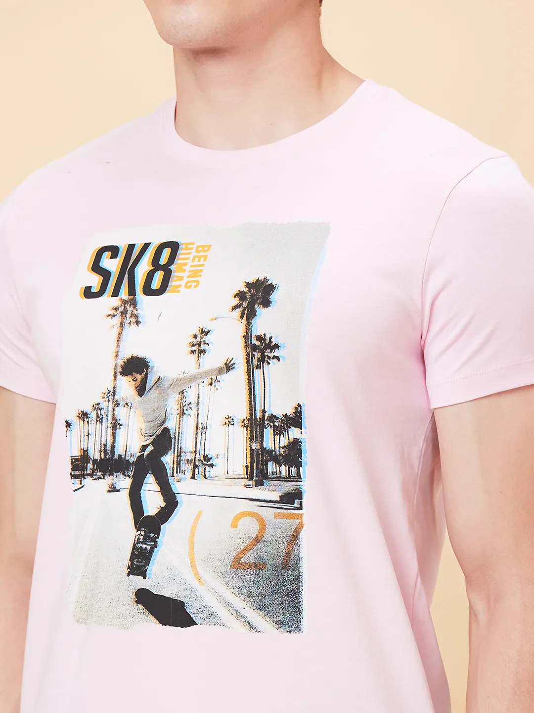 Powder Pink Regular Fit Round Neck Men's T-Shirt by Being Human Clothing - Image 5