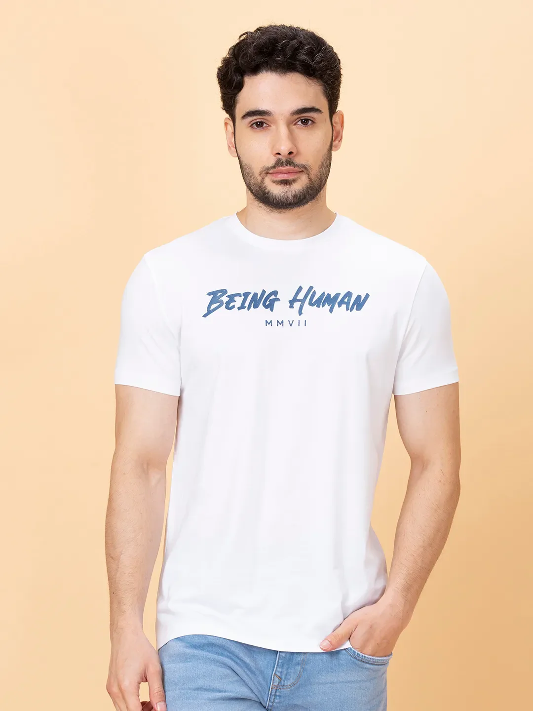 White Regular Fit Men's Short Sleeves T-Shirt by Being Human Clothing