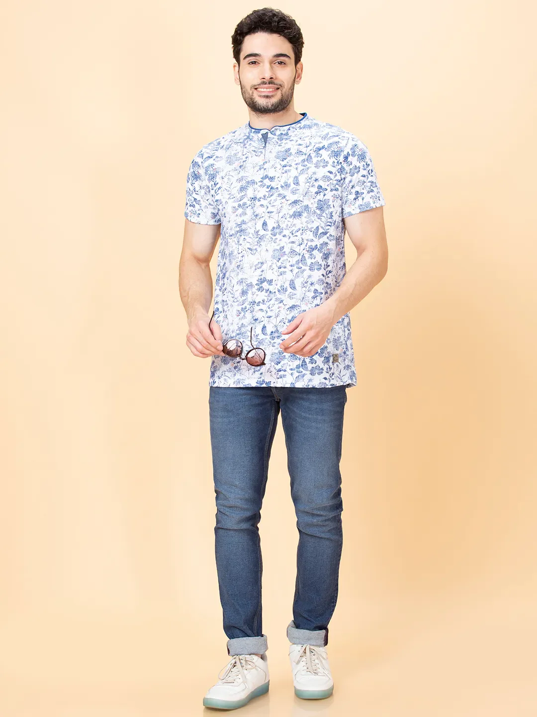 White Regular Fit Henley Neck Men's T-Shirt by Being Human Clothing - Image 3