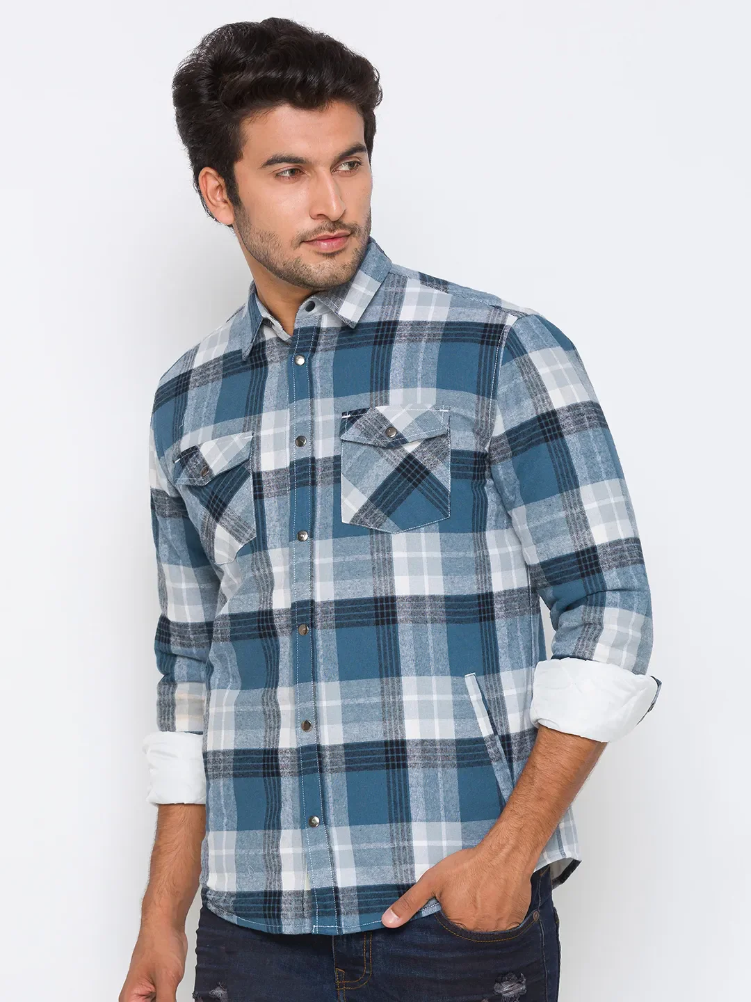 Blue Oversized Fit Regular Collar Long Sleeves Cotton Men's Shirt by Being Human Clothing - Image 2