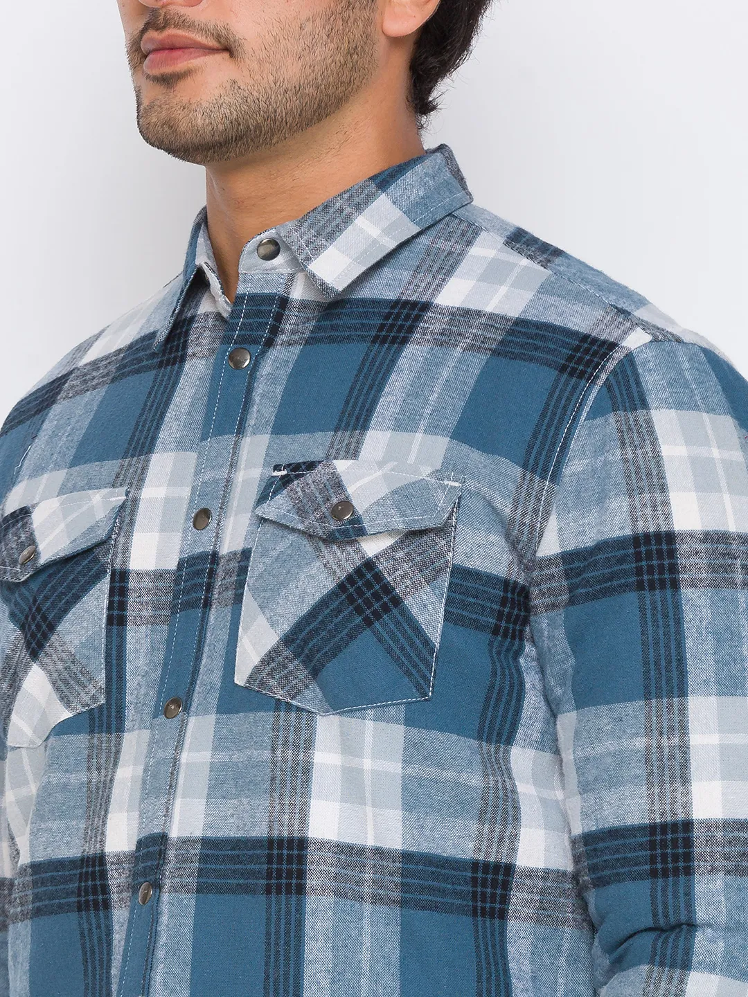 Blue Oversized Fit Regular Collar Long Sleeves Cotton Men's Shirt by Being Human Clothing - Image 4