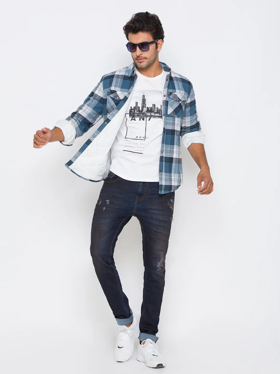 Blue Oversized Fit Regular Collar Long Sleeves Cotton Men's Shirt by Being Human Clothing - Image 5