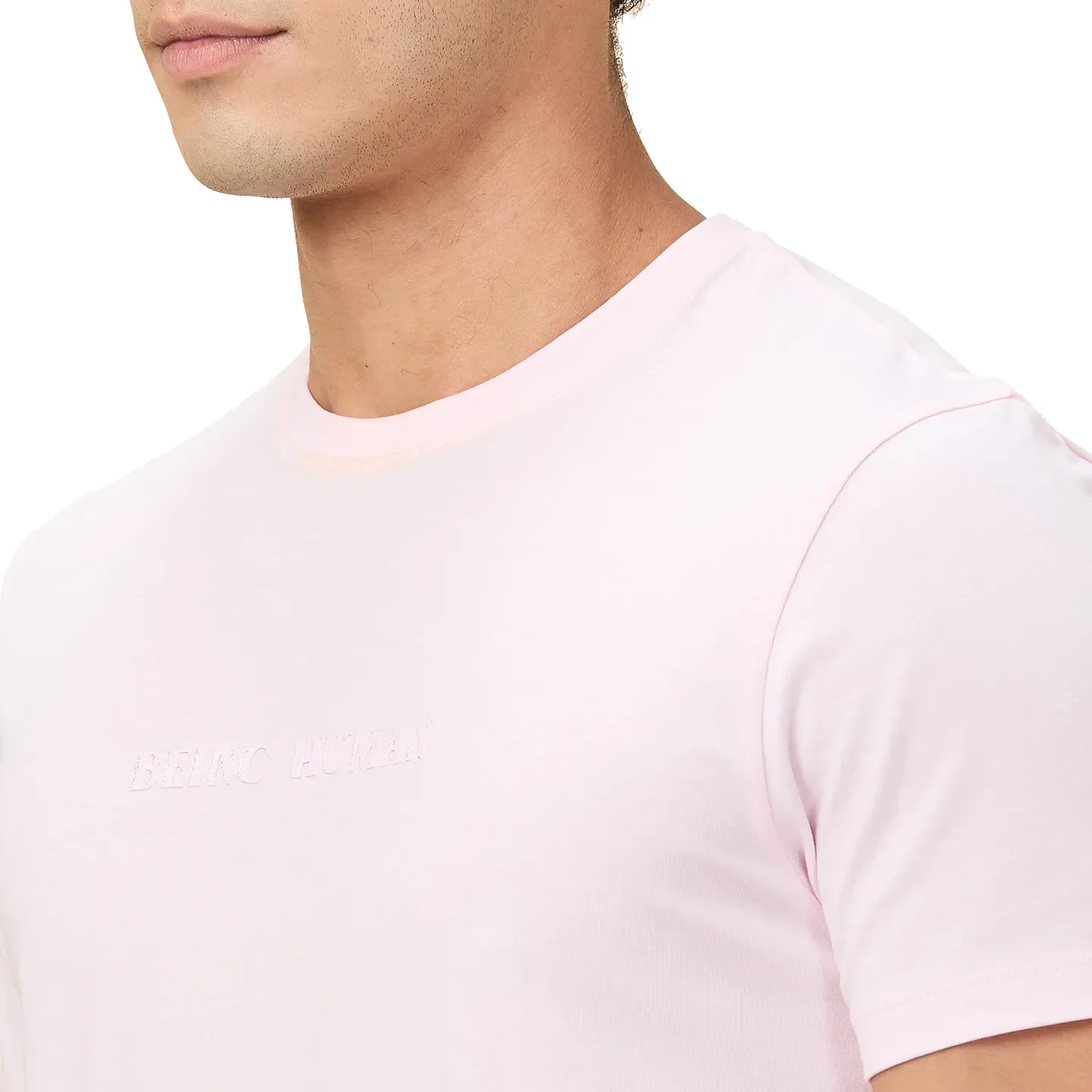 Light Pink Slim Fit Round Neck Men's T-Shirt by Being Human Clothing - Image 5