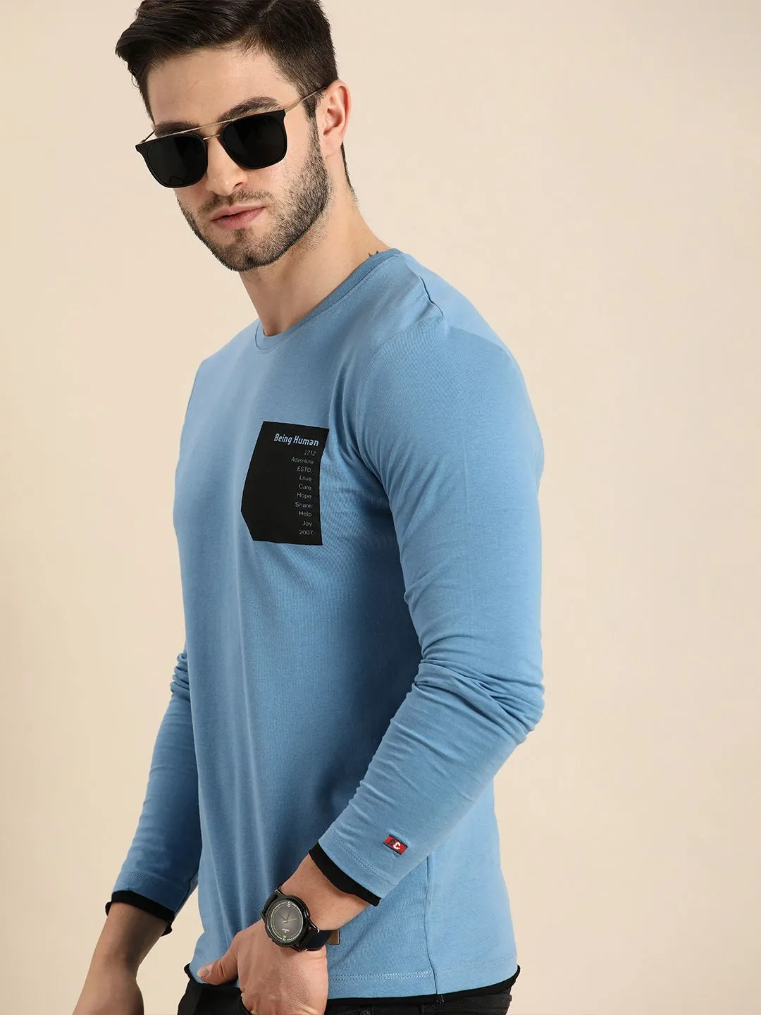 Blue Regular Fit Men's Long Sleeves T-Shirt by Being Human Clothing