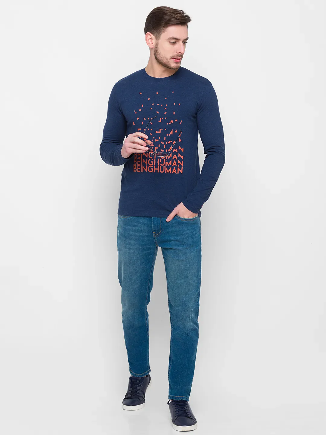 Blue Regular Fit Men's Long Sleeves T-Shirt by Being Human Clothing - Image 7