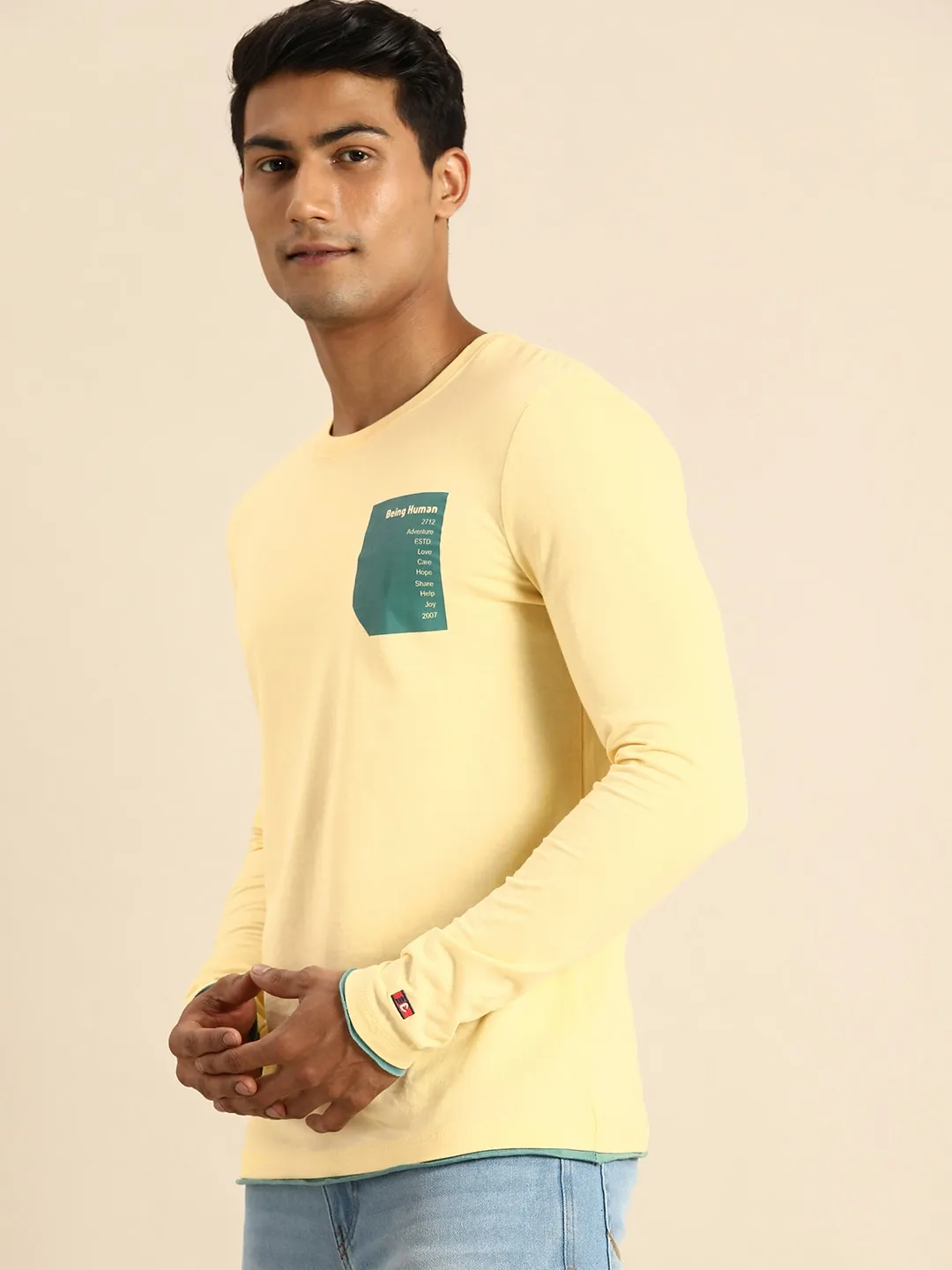 Yellow Regular Fit Men's Long Sleeves T-Shirt by Being Human Clothing - Image 2