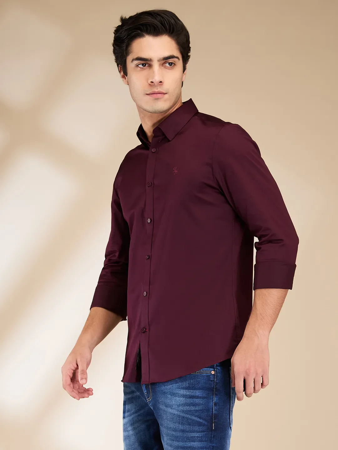 Burgundy Slim Fit Regular Collar Men's Shirt by Being Human Clothing - Image 4