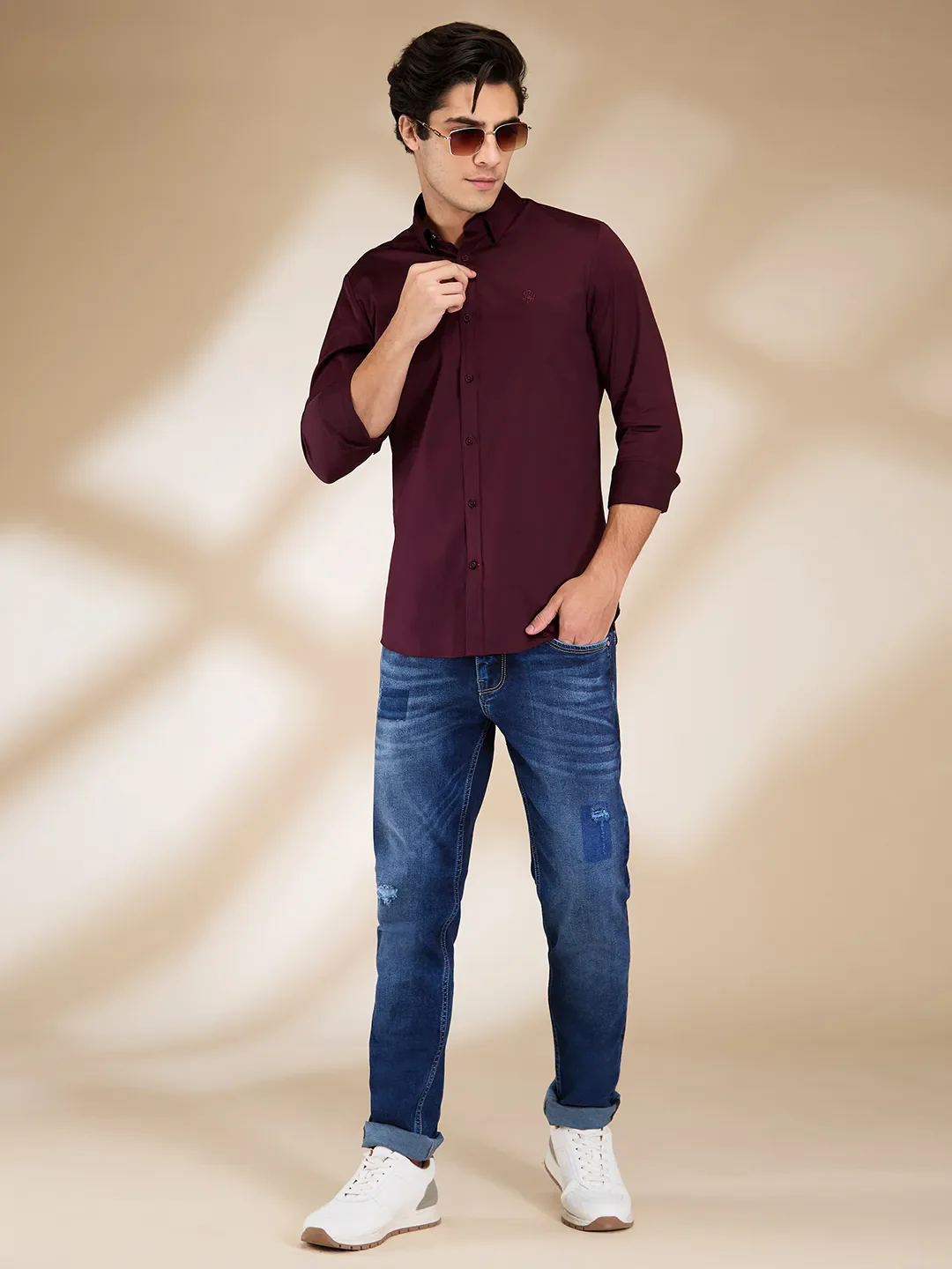 Burgundy Slim Fit Regular Collar Men's Shirt by Being Human Clothing - Image 6