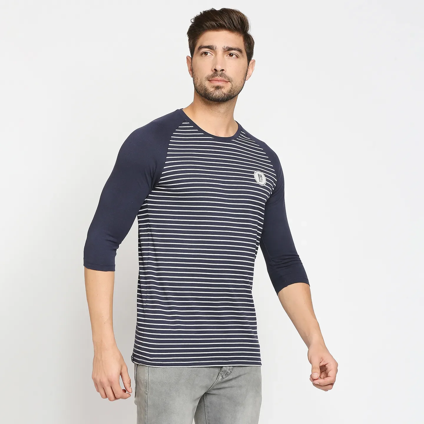 Blue Regular Fit Men's 3&4 th Sleeves T-Shirt by Being Human Clothing - Image 3