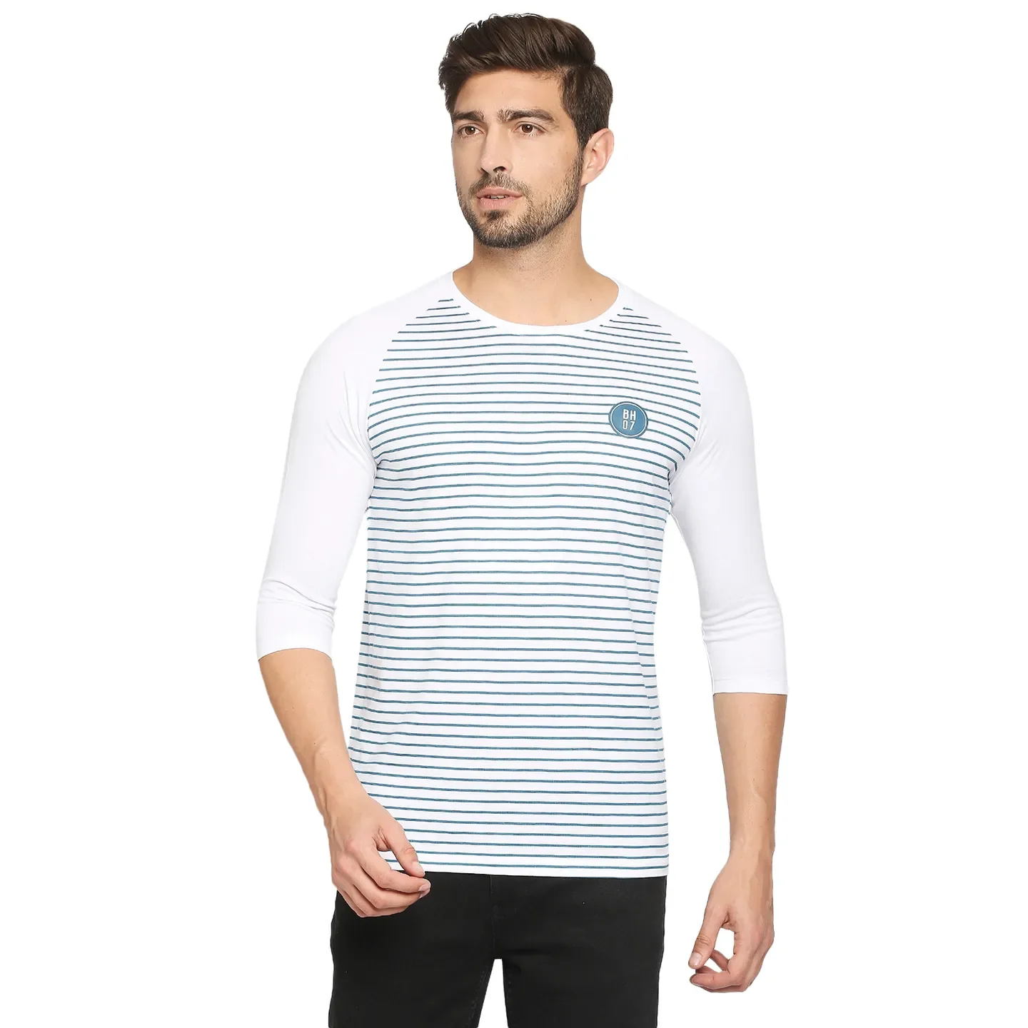 White Regular Fit Men's 3&4 th Sleeves T-Shirt by Being Human Clothing