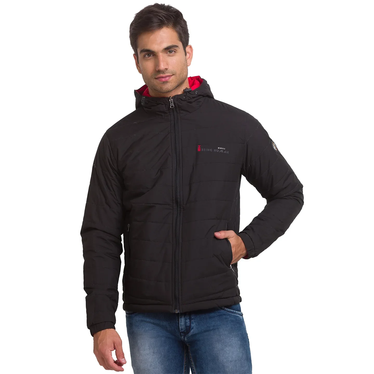 Black Regular Fit Long Sleeves Polyester Men's Jacket by Being Human Clothing