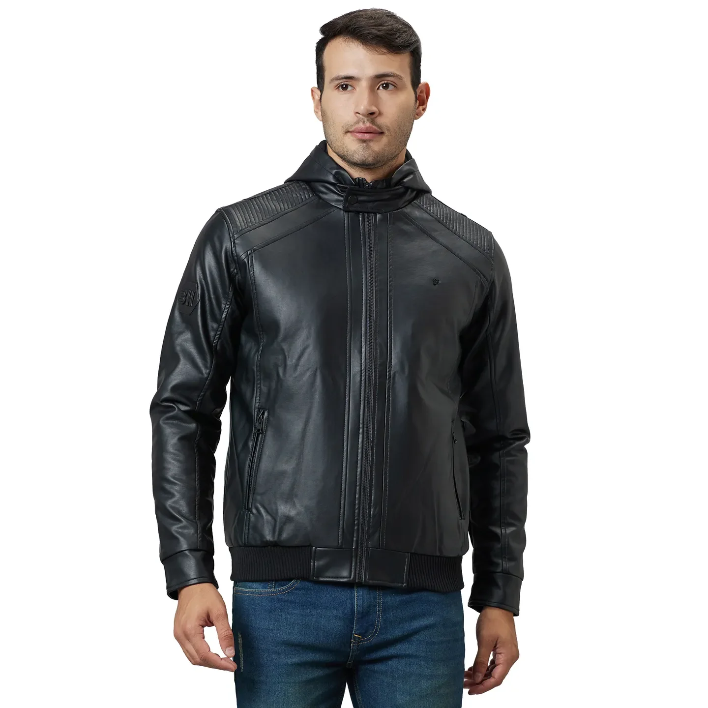 Black Regular Fit Long Sleeves Polyurethane Men's Jacket by Being Human Clothing