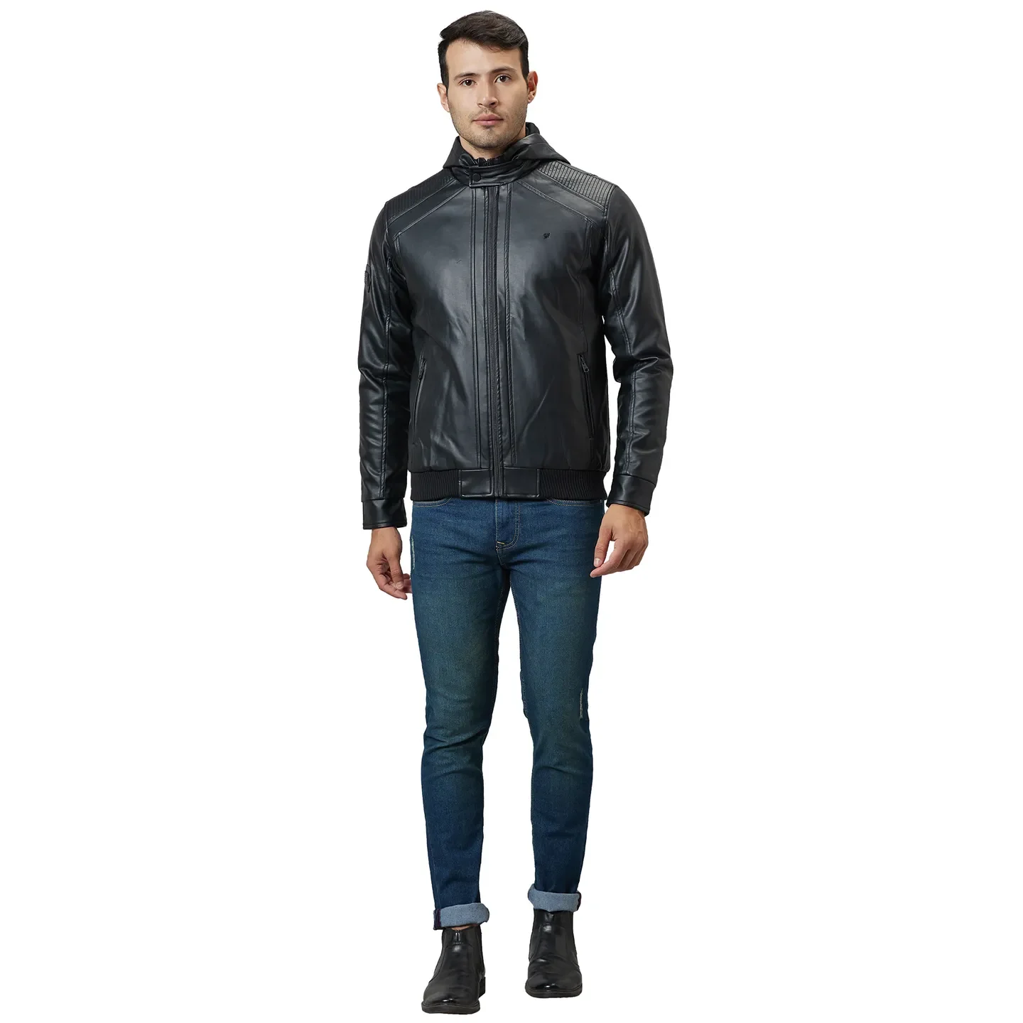 Black Regular Fit Long Sleeves Polyurethane Men's Jacket by Being Human Clothing - Image 2