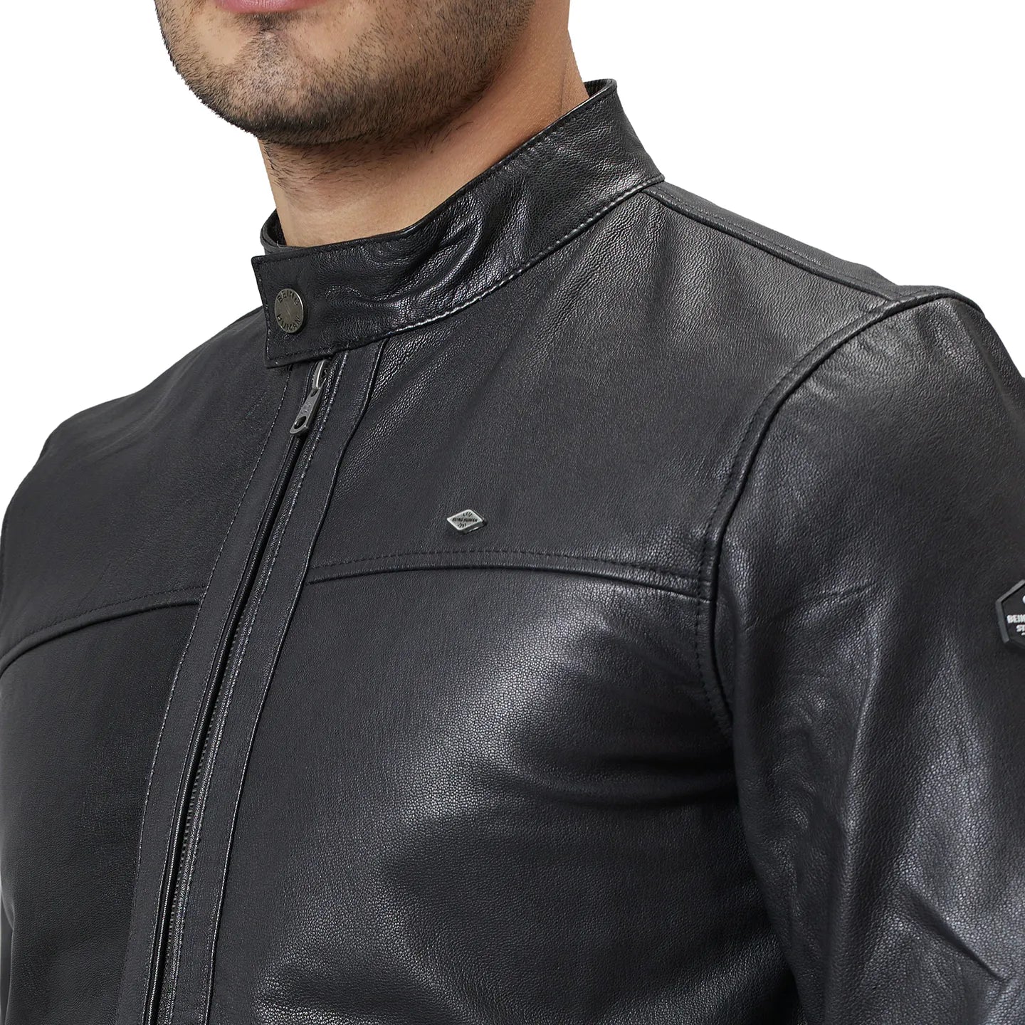 Black Regular Fit Long Sleeves Leather Men's Jacket by Being Human Clothing - Image 5