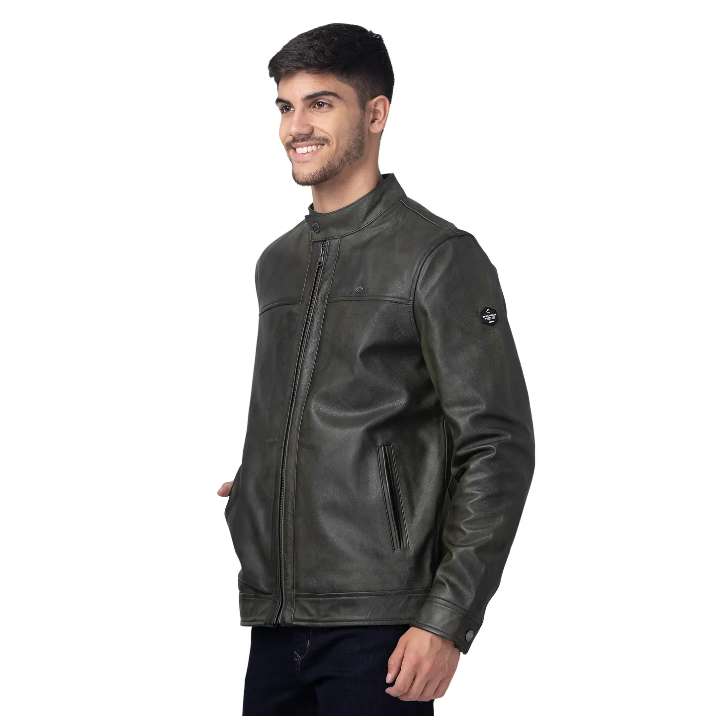 Green Regular Fit Long Sleeves Leather Men's Jacket by Being Human Clothing - Image 2