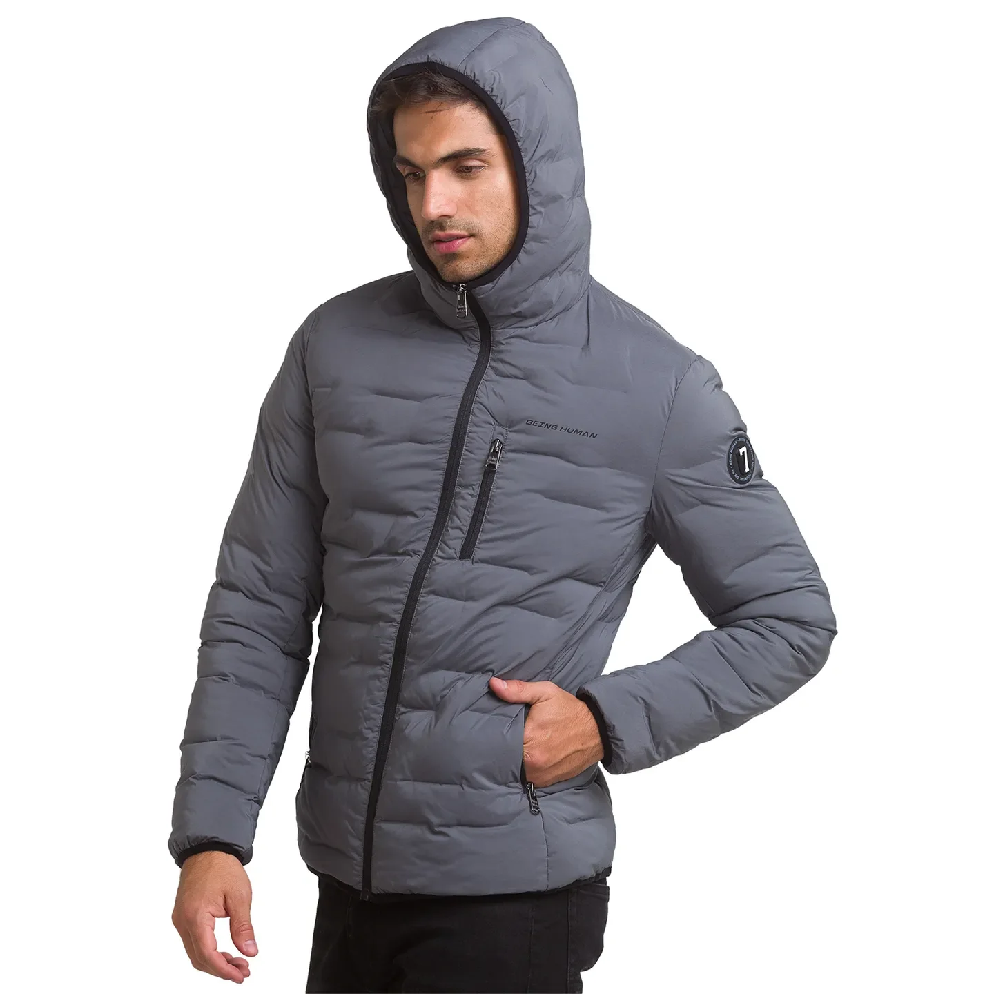 Grey Regular Fit Long Sleeves Polyester Men's Jacket by Being Human Clothing - Image 4