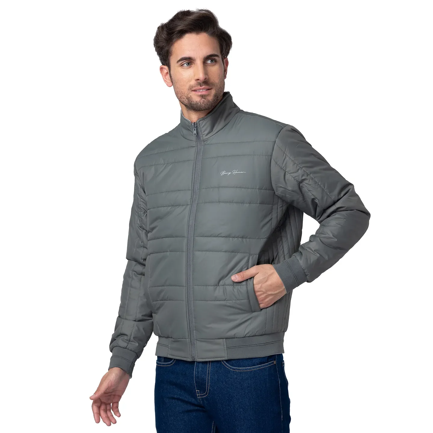 Grey Regular Fit Men's Jacket by Being Human Clothing - Image 4