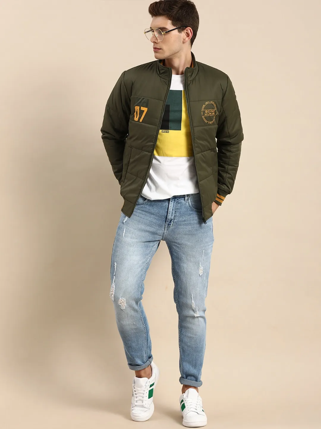 Olive Regular Fit Long Sleeves Cotton Men's Jacket by Being Human Clothing - Image 2