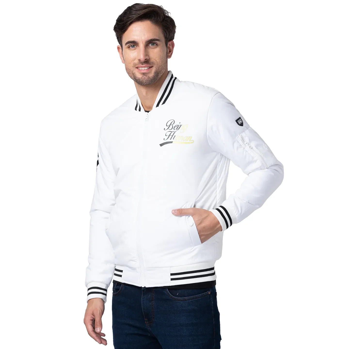 White Regular Fit Long Sleeves Polyester Men's Jacket by Being Human Clothing - Image 4
