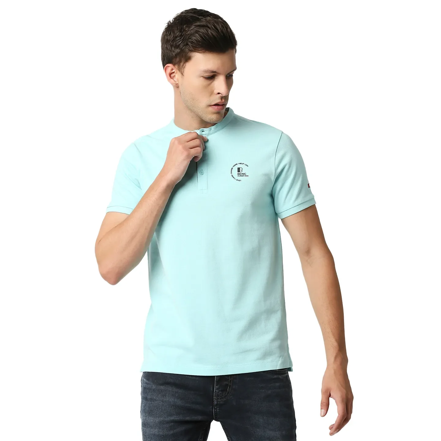 Aqua Regular Fit Mandarin Collar Men's Polo T-Shirt by Being Human Clothing